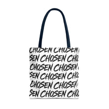 Load image into Gallery viewer, Chosen Script Tote Bag — Repeating Handwritten Pattern, Bold Black &amp; White Everyday Tote