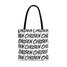 Load image into Gallery viewer, Chosen Script Tote Bag — Repeating Handwritten Pattern, Bold Black &amp; White Everyday Tote