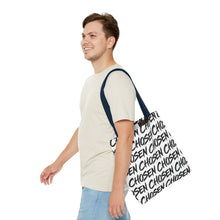Load image into Gallery viewer, Chosen Script Tote Bag — Repeating Handwritten Pattern, Bold Black &amp; White Everyday Tote