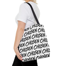 Load image into Gallery viewer, Chosen Script Tote Bag — Repeating Handwritten Pattern, Bold Black &amp; White Everyday Tote