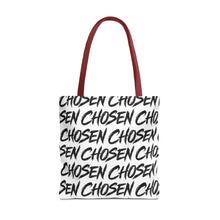 Load image into Gallery viewer, Chosen Script Tote Bag — Repeating Handwritten Pattern, Bold Black &amp; White Everyday Tote