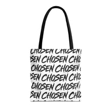 Load image into Gallery viewer, Chosen Script Tote Bag — Repeating Handwritten Pattern, Bold Black &amp; White Everyday Tote
