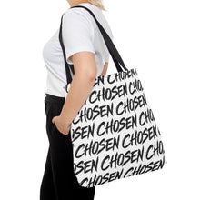 Load image into Gallery viewer, Chosen Script Tote Bag — Repeating Handwritten Pattern, Bold Black &amp; White Everyday Tote