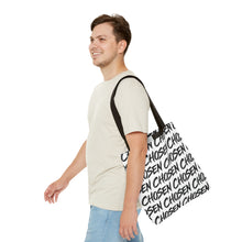 Load image into Gallery viewer, Chosen Script Tote Bag — Repeating Handwritten Pattern, Bold Black &amp; White Everyday Tote