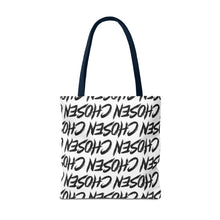 Load image into Gallery viewer, Chosen Script Tote Bag — Repeating Handwritten Pattern, Bold Black &amp; White Everyday Tote