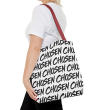 Load image into Gallery viewer, Chosen Script Tote Bag — Repeating Handwritten Pattern, Bold Black &amp; White Everyday Tote
