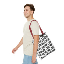 Load image into Gallery viewer, Chosen Script Tote Bag — Repeating Handwritten Pattern, Bold Black &amp; White Everyday Tote