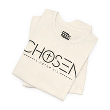 Load image into Gallery viewer, Chosen Christian T-Shirt — "Chosen" with Cross &amp; 1 Peter 2:9 Faith Tee