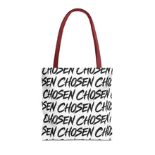 Load image into Gallery viewer, Chosen Script Tote Bag — Repeating Handwritten Pattern, Bold Black &amp; White Everyday Tote