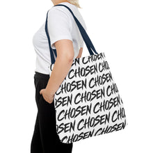 Load image into Gallery viewer, Chosen Script Tote Bag — Repeating Handwritten Pattern, Bold Black &amp; White Everyday Tote