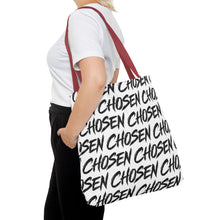 Load image into Gallery viewer, Chosen Script Tote Bag — Repeating Handwritten Pattern, Bold Black &amp; White Everyday Tote