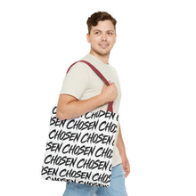Load image into Gallery viewer, Chosen Script Tote Bag — Repeating Handwritten Pattern, Bold Black &amp; White Everyday Tote