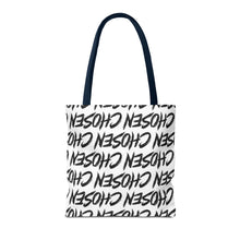 Load image into Gallery viewer, Chosen Script Tote Bag — Repeating Handwritten Pattern, Bold Black &amp; White Everyday Tote