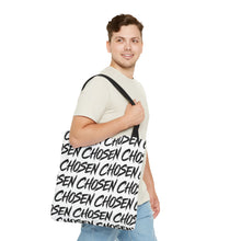 Load image into Gallery viewer, Chosen Script Tote Bag — Repeating Handwritten Pattern, Bold Black &amp; White Everyday Tote