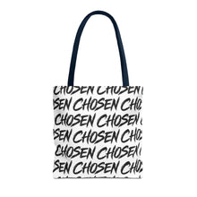 Load image into Gallery viewer, Chosen Script Tote Bag — Repeating Handwritten Pattern, Bold Black &amp; White Everyday Tote